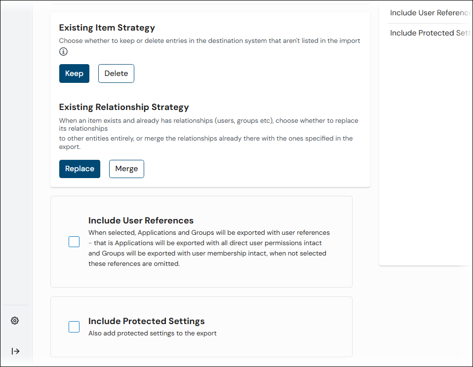 The export options on the Export Options page of the Configuration Export process.